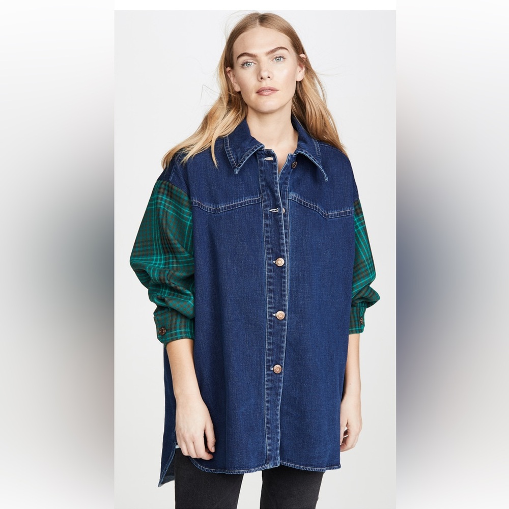 See By Chloe Denim button down with plaid sleeves Sz 34